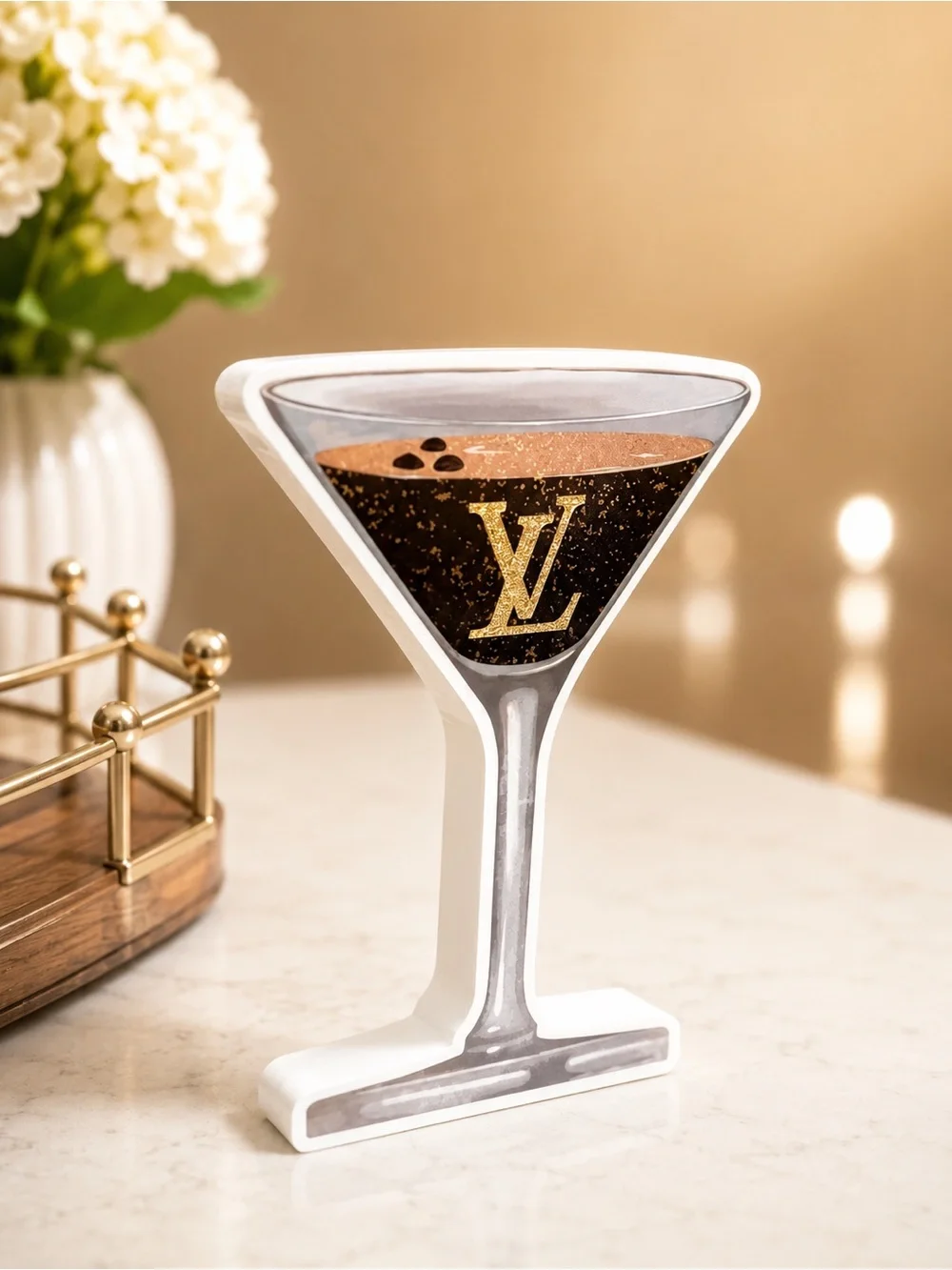 Louis Vuitton Black and Gold Martini Glass Decorative Accent